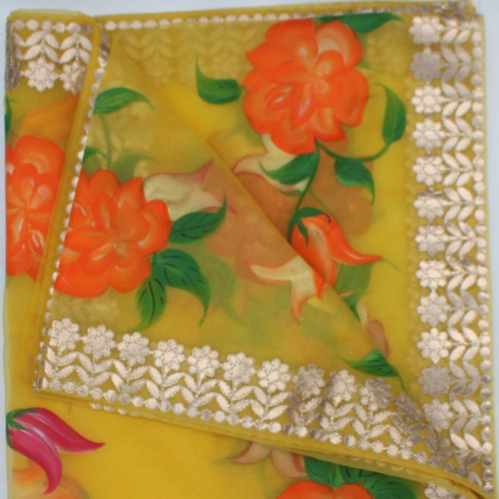 anokherang Dupattas Yellow Hand Painted Organza Dupatta