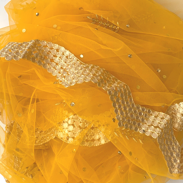 anokherang Dupattas Yellow Net Gold Thread and Mirror Dupatta