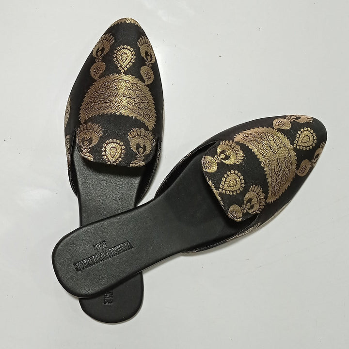 anokherang Juttis Black Gold Brocade Jewel Mules