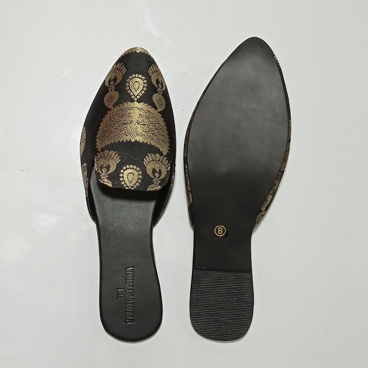 anokherang Juttis Black Gold Brocade Jewel Mules