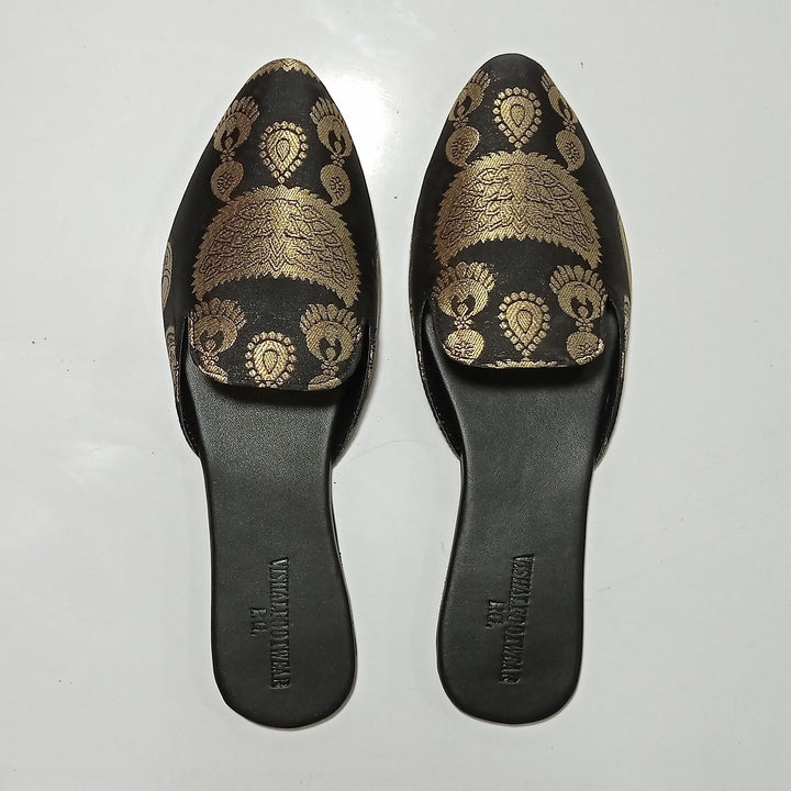 anokherang Juttis Black Gold Brocade Jewel Mules