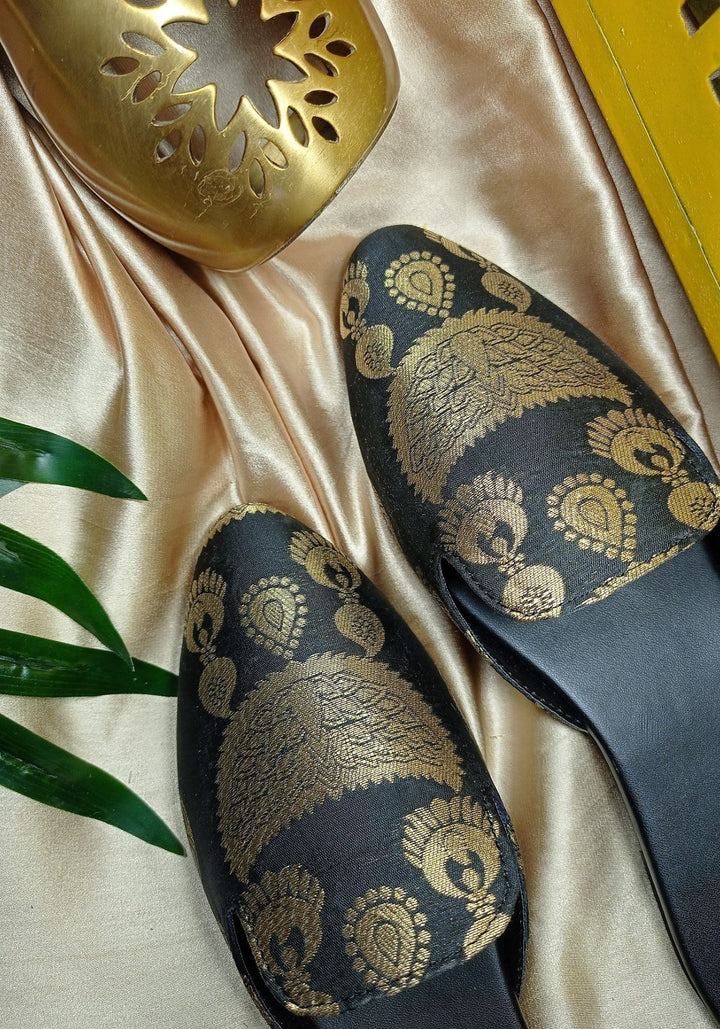 anokherang Juttis Black Gold Brocade Jewel Mules