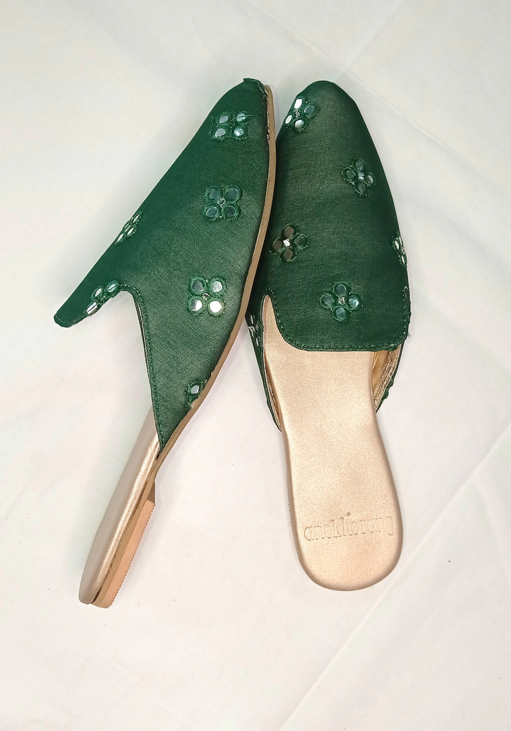anokherang Juttis Bottle Green Mirror work Mules