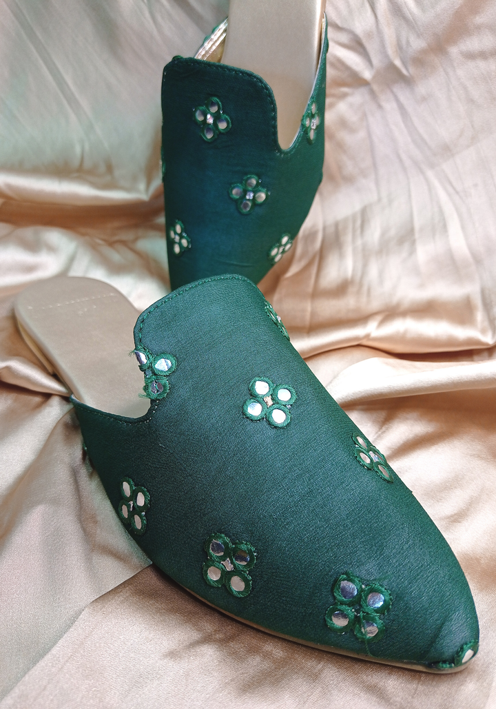 anokherang Juttis Bottle Green Mirror work Mules