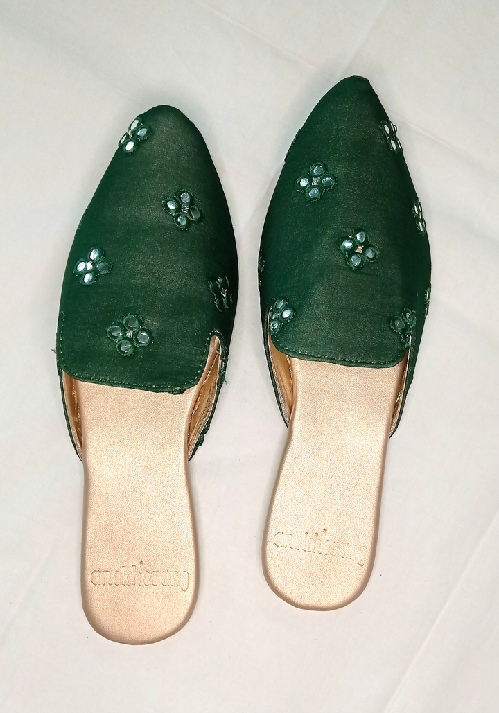 anokherang Juttis Bottle Green Mirror work Mules
