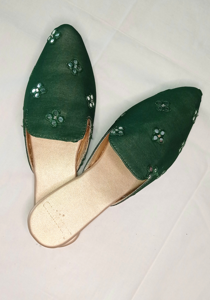 anokherang Juttis Bottle Green Mirror work Mules