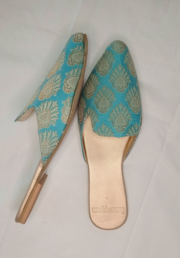 anokherang Juttis Dreamy Blue and Gold Zari Mules