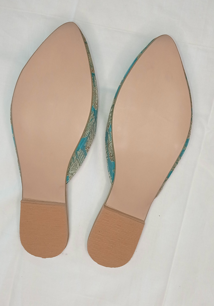 anokherang Juttis Dreamy Blue and Gold Zari Mules