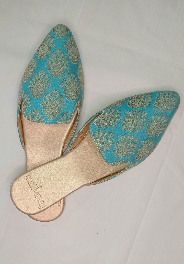 anokherang Juttis Dreamy Blue and Gold Zari Mules