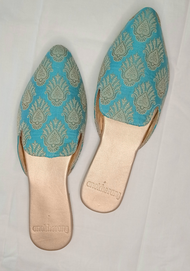 anokherang Juttis Dreamy Blue and Gold Zari Mules