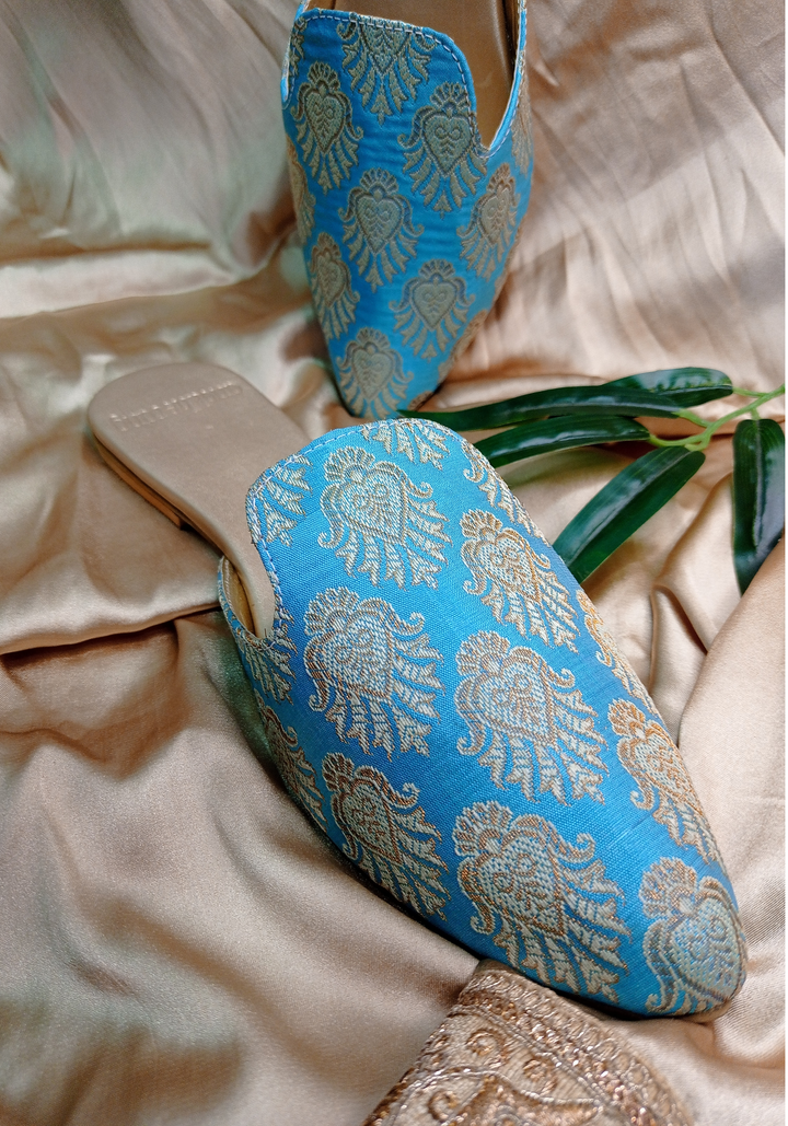 anokherang Juttis Dreamy Blue and Gold Zari Mules