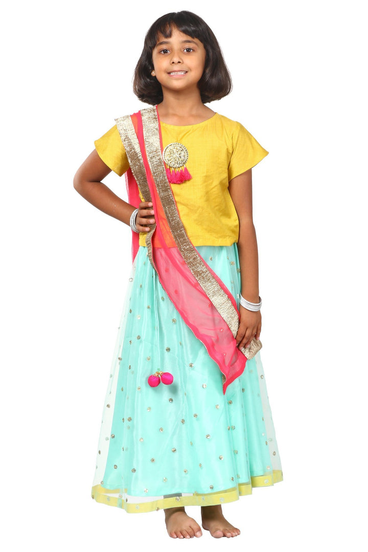 anokherang Kids Dress Lime Green Blue Sequenced Lehenga Choli with Net Sequenced Dupatta