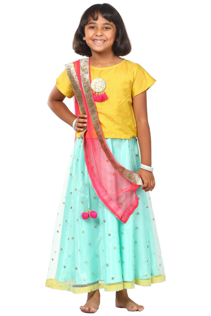 anokherang Kids Dress Lime Green Blue Sequenced Lehenga Choli with Net Sequenced Dupatta