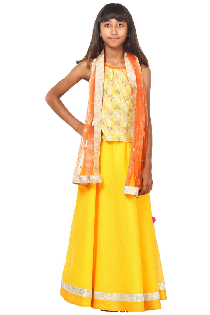 anokherang Kids Dress Sunshine Floral Chanderi Lehenga Choli with Net Sequenced Dupatta