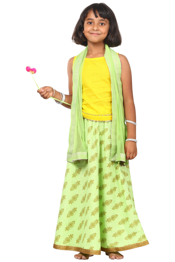 anokherang Kids Dress Yellow Green Printed Lehenga Choli Dupatta