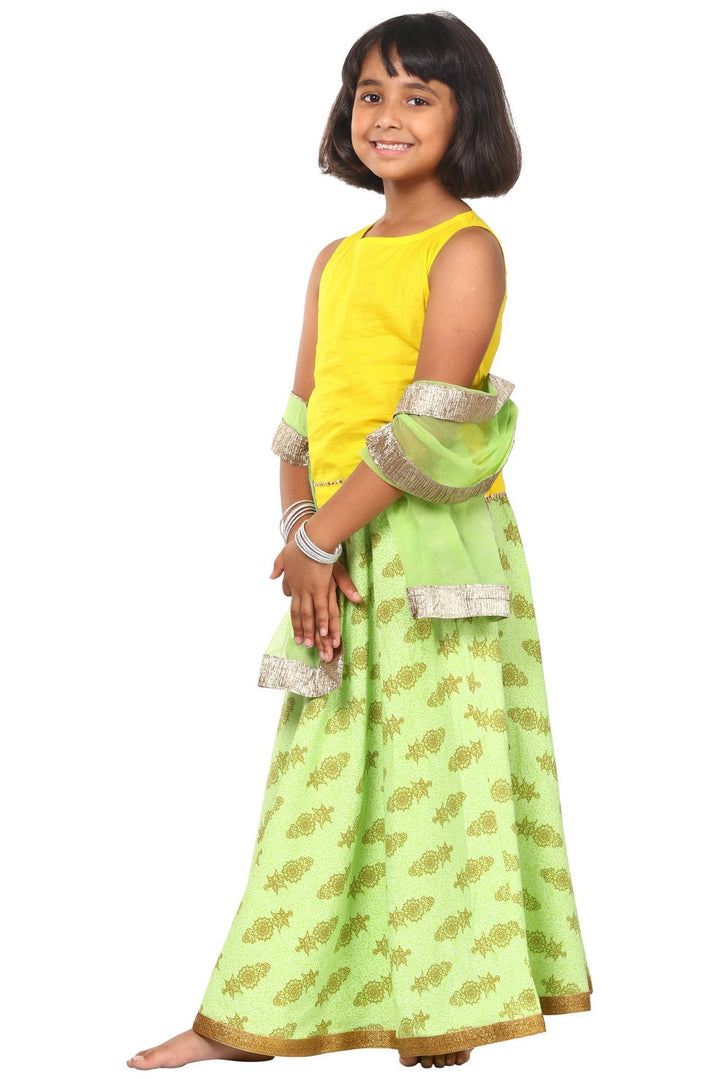 anokherang Kids Dress Yellow Green Printed Lehenga Choli Dupatta