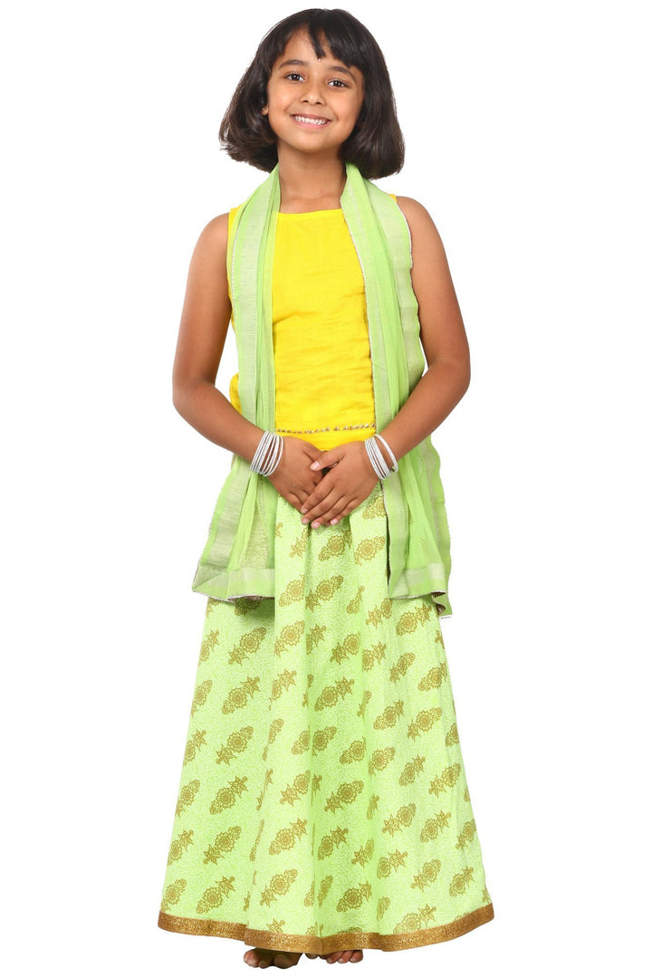 anokherang Kids Dress Yellow Green Printed Lehenga Choli Dupatta