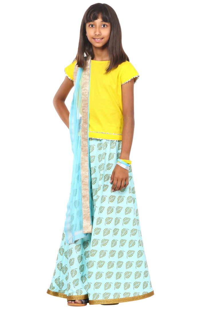 anokherang Kids Dress Yellow Sky Blue Printed Lehenga Choli with Net Dupatta