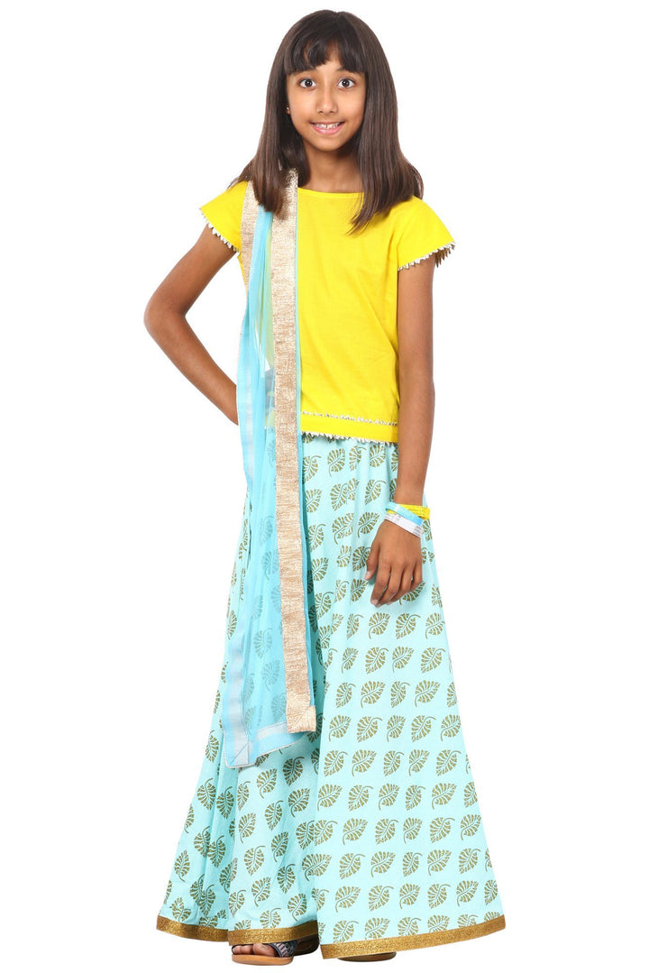 anokherang Kids Dress Yellow Sky Blue Printed Lehenga Choli with Net Dupatta