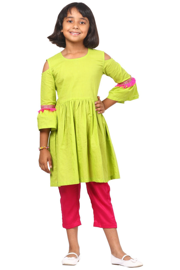 anokherang Kids Suits Green Pink Ruffled Cold Shoulder Kurta with Pants