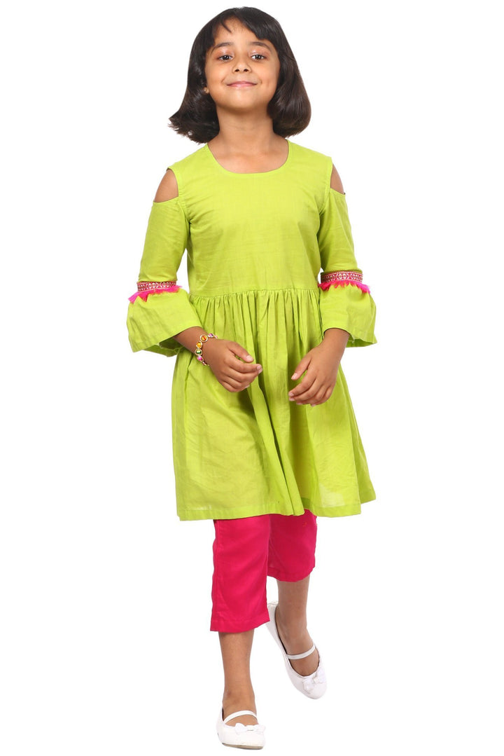 anokherang Kids Suits Green Pink Ruffled Cold Shoulder Kurta with Pants