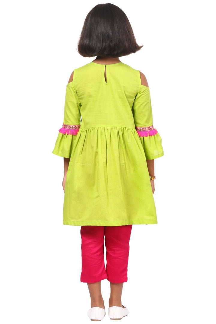 anokherang Kids Suits Green Pink Ruffled Cold Shoulder Kurta with Pants