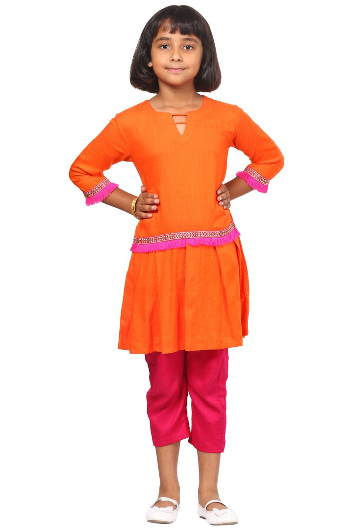 anokherang Kids Suits Orange Pink Pleated Kurti with Pants