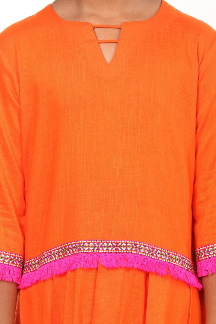anokherang Kids Suits Orange Pink Pleated Kurti with Pants