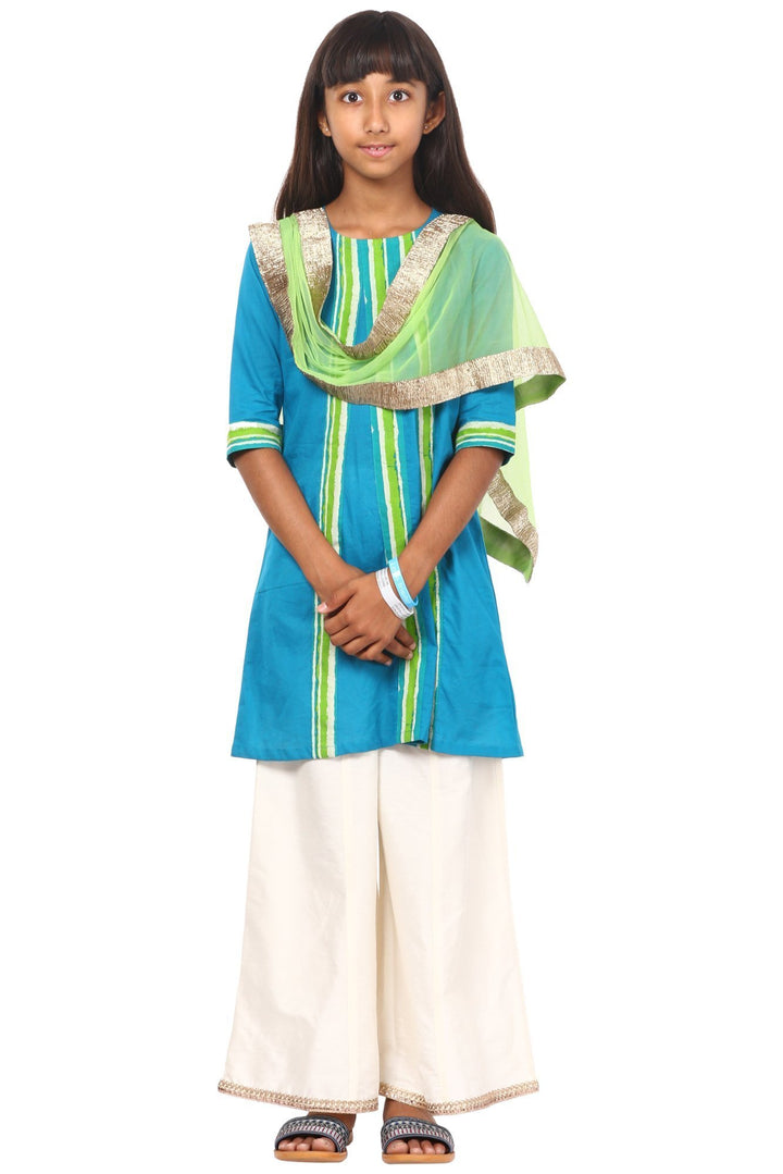 anokherang Kids Suits Shaded Green Kurti with Flared Palazzo and Net Dupatta