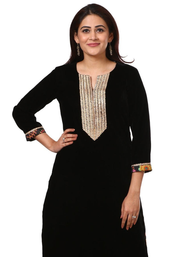 anokherang Kurtis Black Gold Velvet Kurti