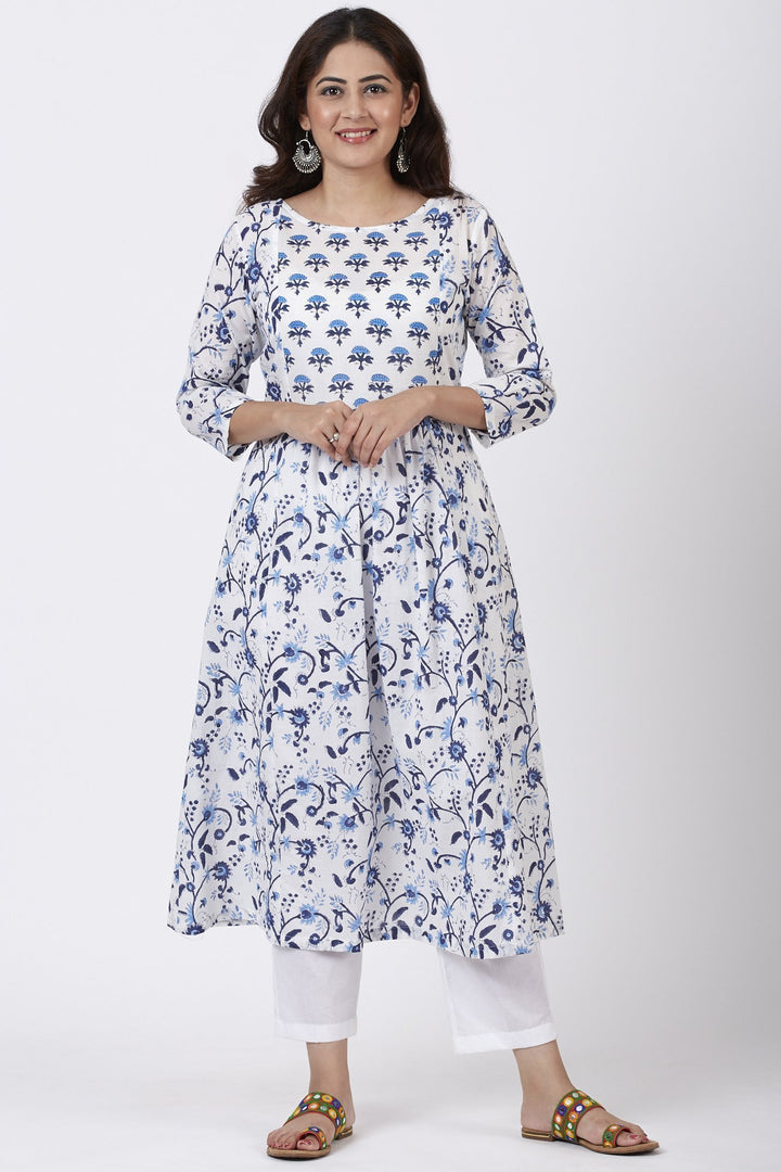 anokherang Kurtis Blue Fiza Floral Printed Gathered Kurti
