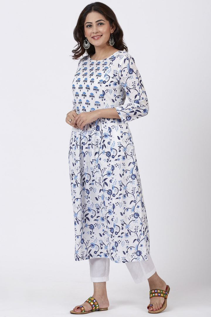anokherang Kurtis Blue Fiza Floral Printed Gathered Kurti