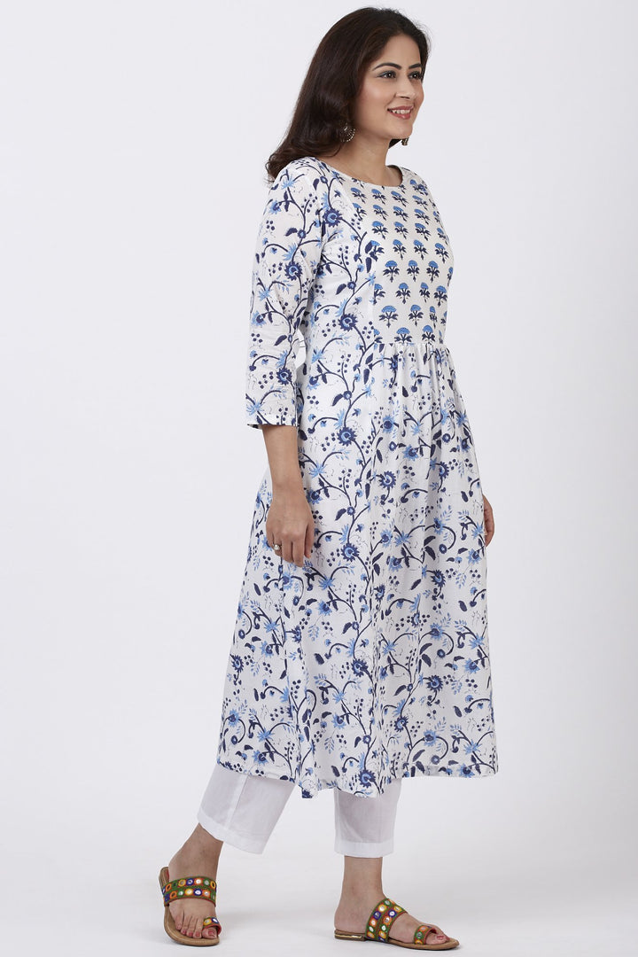 anokherang Kurtis Blue Fiza Floral Printed Gathered Kurti