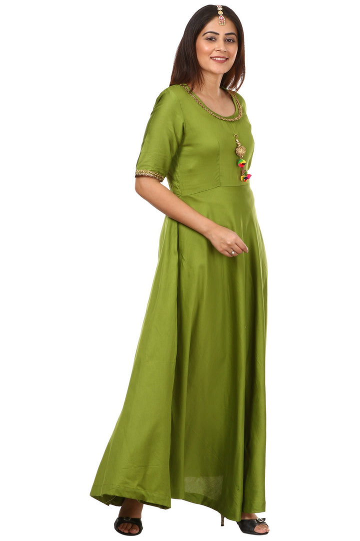 anokherang Kurtis Green Floor Length with Magenta Mirror Embroidered Dupatta