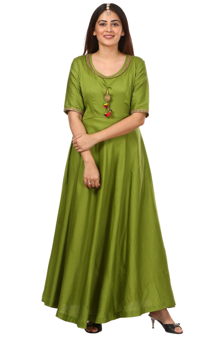 anokherang Kurtis Green Floor Length with Magenta Mirror Embroidered Dupatta