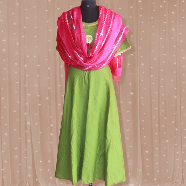 anokherang Kurtis Green Floor Length with Magenta Mirror Embroidered Dupatta