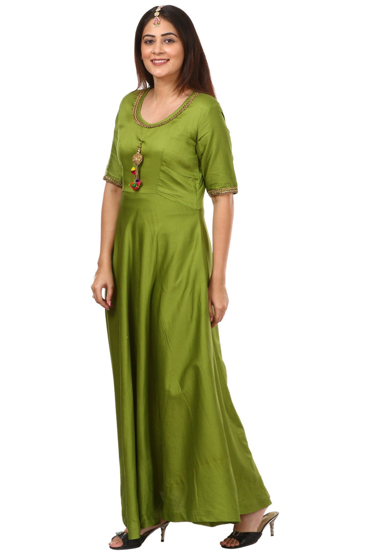 anokherang Kurtis Green Floor Length with Yellow Floral Trails Embroidered Dupatta
