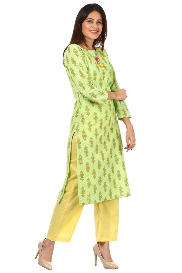 anokherang Kurtis Green Floral Cotton Kurti