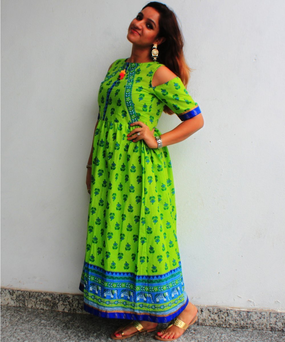 Green Shine Gathered Cold Shoulder Ankle Length Kurti anokherang