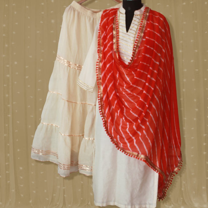 anokherang Kurtis OffWhite Shine Kurti with Gathered Sharara and Orange Leheriya Dupatta