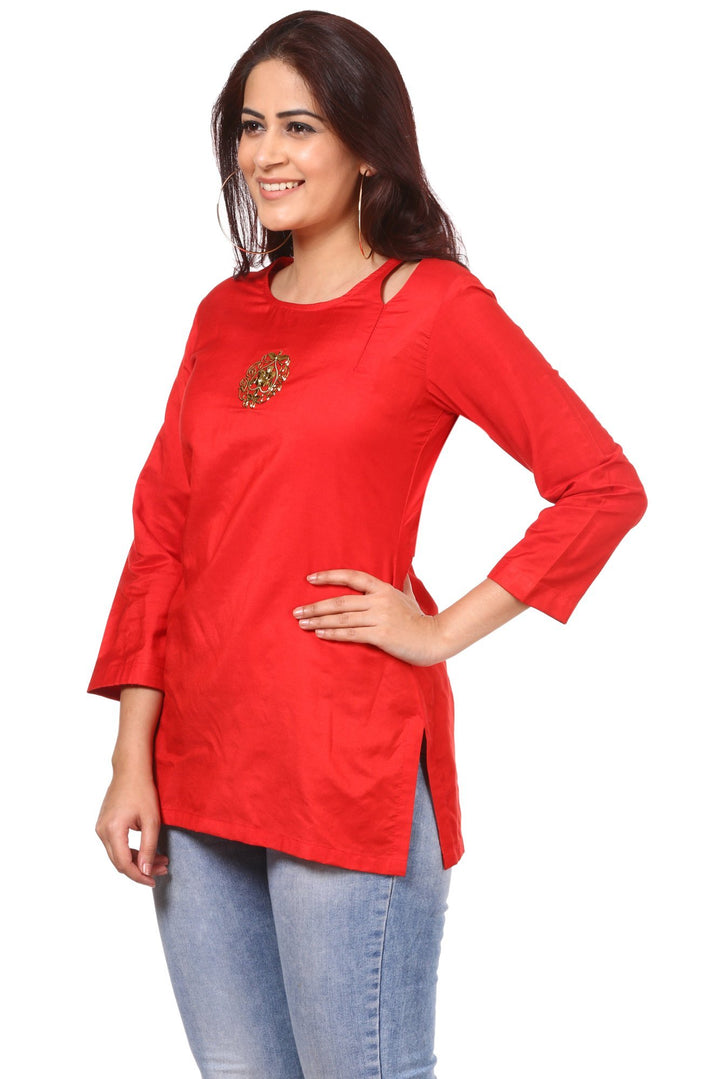 anokherang Kurtis Red Straight Tassel Top