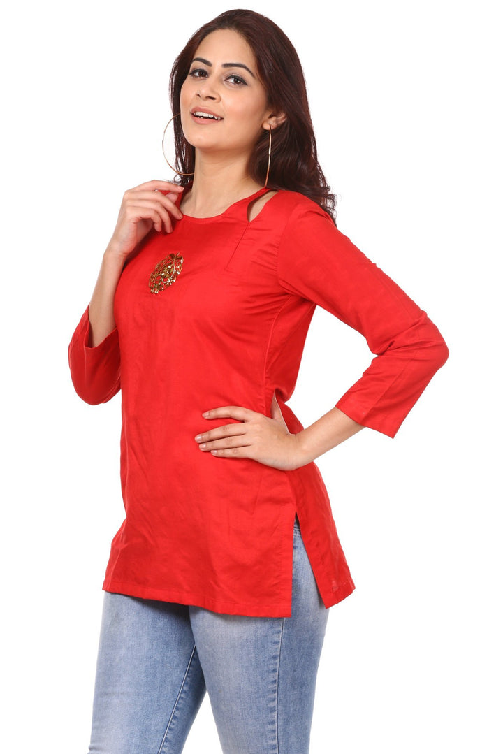 anokherang Kurtis Red Straight Tassel Top