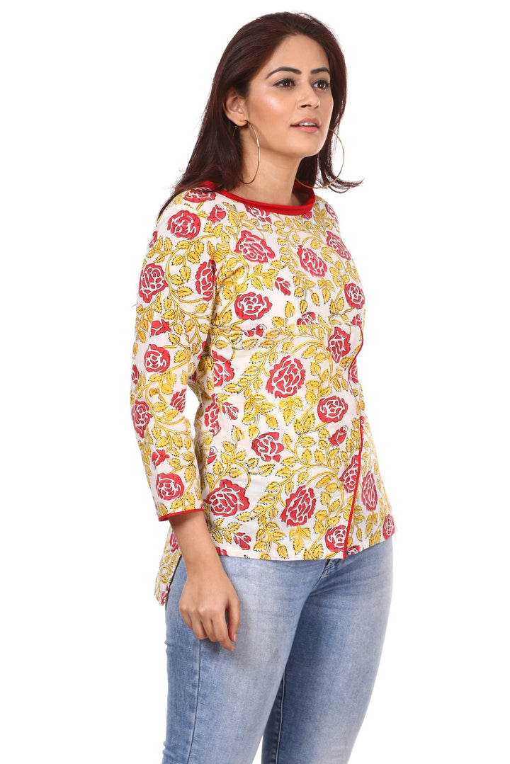 anokherang Kurtis Red Yellow Floral Affair Top