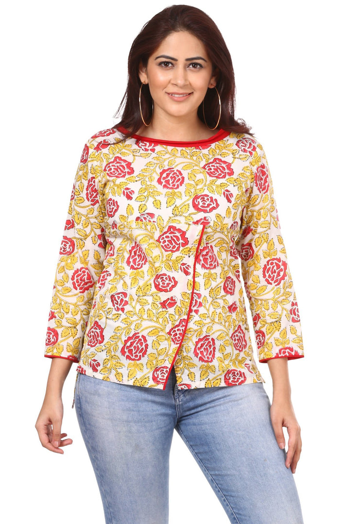anokherang Kurtis Red Yellow Floral Affair Top
