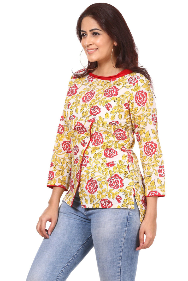 anokherang Kurtis Red Yellow Floral Affair Top