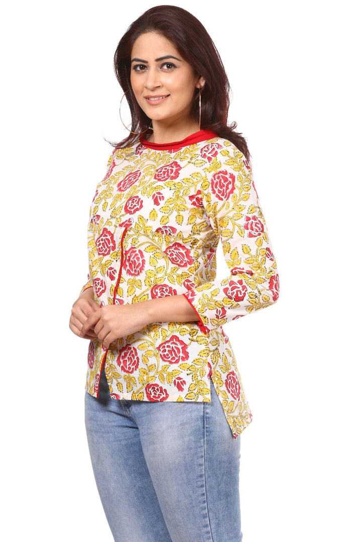 anokherang Kurtis Red Yellow Floral Affair Top