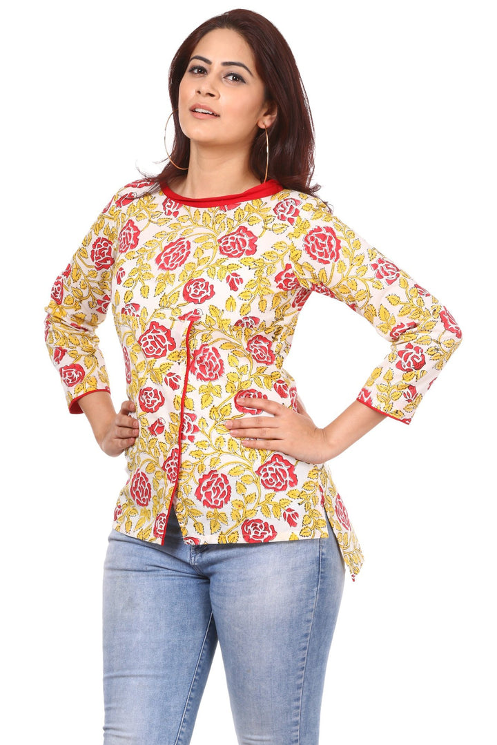 anokherang Kurtis Red Yellow Floral Affair Top