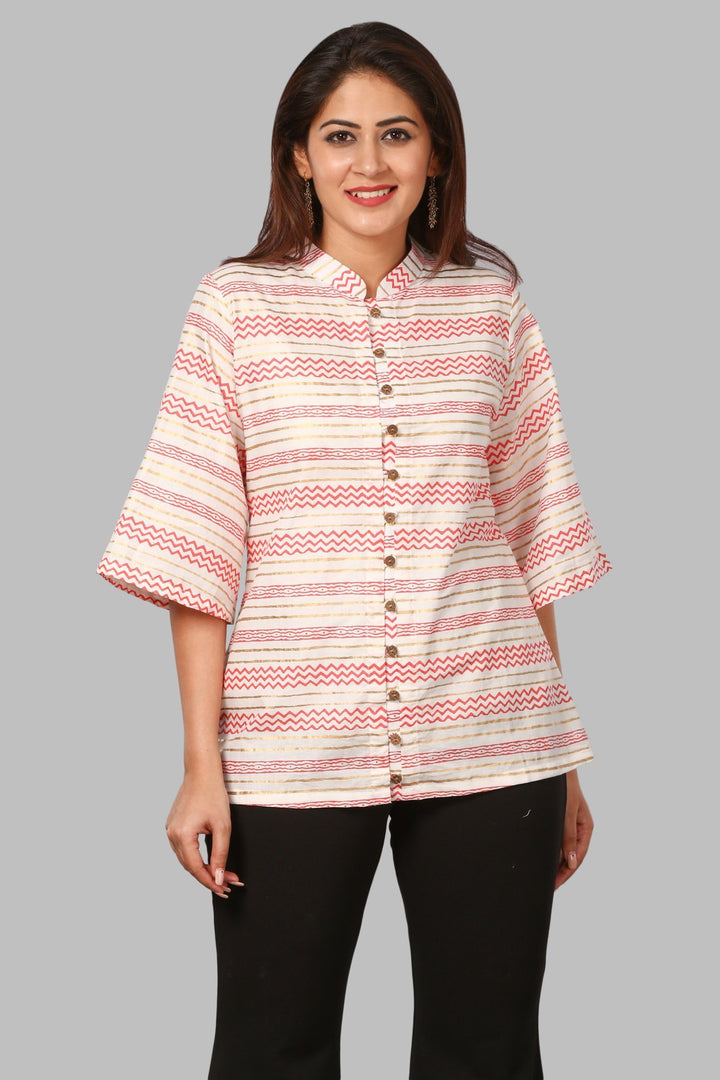anokherang Kurtis Red Zig-Zag Lines Top