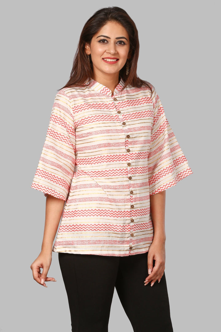 anokherang Kurtis Red Zig-Zag Lines Top