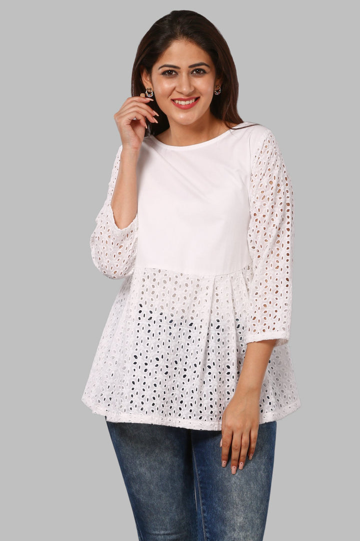 anokherang Kurtis White Hakooba Pleated Top